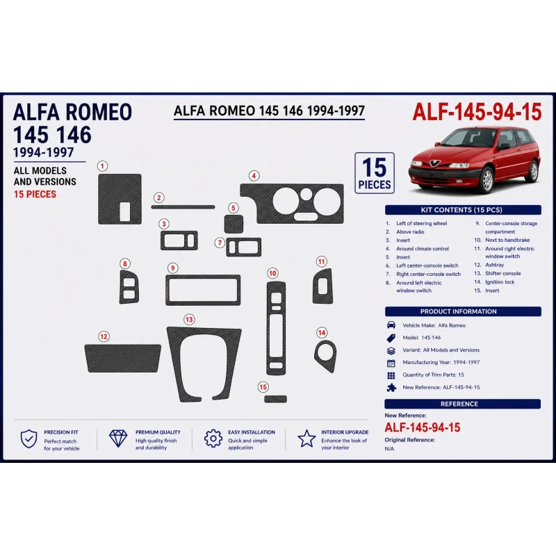 Alfa Romeo 145 146 1994-1997 3D Armaturenbrett-Dekor-Set, 15 Teile