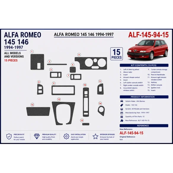 Alfa Romeo 145 146 1994-1997 3D Armaturenbrett-Dekor-Set, 15 Teile