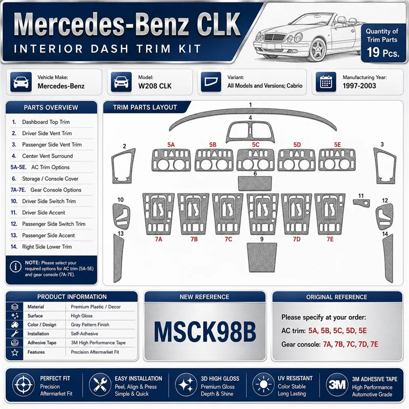 Mercedes Benz W208 CLK-Cabrio 1997-2003 3D Armaturenbrett-Dekor-Set, 19 Teile