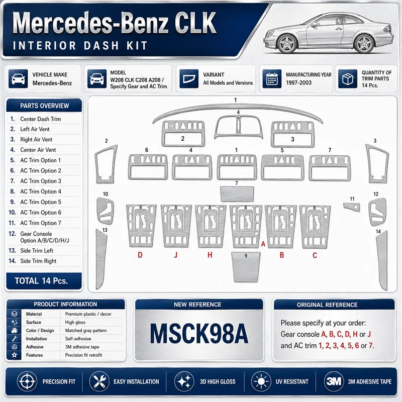 Mercedes Benz W208 CLK C208A208 1997-2003 3D Armaturenbrett-Dekor-Set, 14 Teile