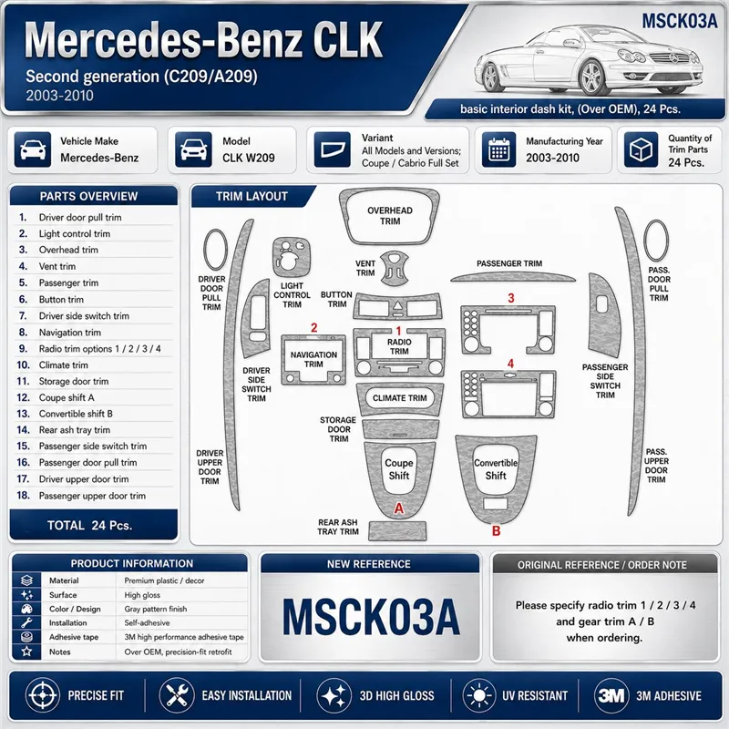 Mercedes Benz CLK W209 2003-2010 Coupe Carbio Komplettset 24pcs 3D Armaturenbrett-Dekor-Set