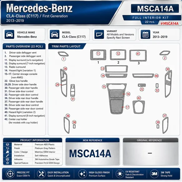 Mercedes-Benz CLA-Class 2014-2017 3D Armaturenbrett-Dekor-Set, 22 Teile
