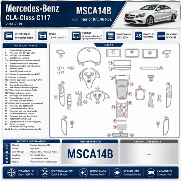 Mercedes-Benz CLA-Class 2014-2017 3D Armaturenbrett-Dekor-Set, 46 Teile