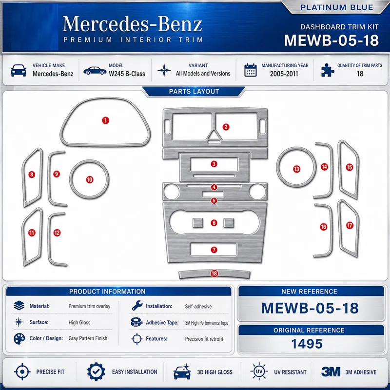 Mercedes W245 B-Class 2005-2011 3D Armaturenbrett-Dekor-Set, 18 Teile
