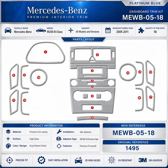 Mercedes W245 B-Class 2005-2011 3D Armaturenbrett-Dekor-Set, 18 Teile
