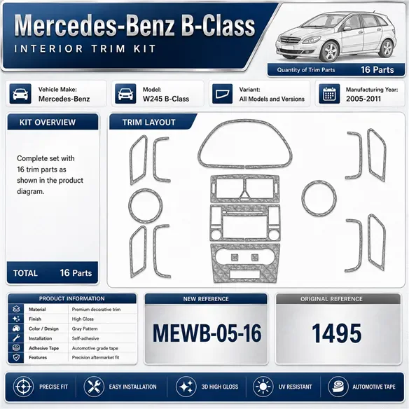Mercedes W245 B-Class 2005-2011 3D Armaturenbrett-Dekor-Set, 16 Teile