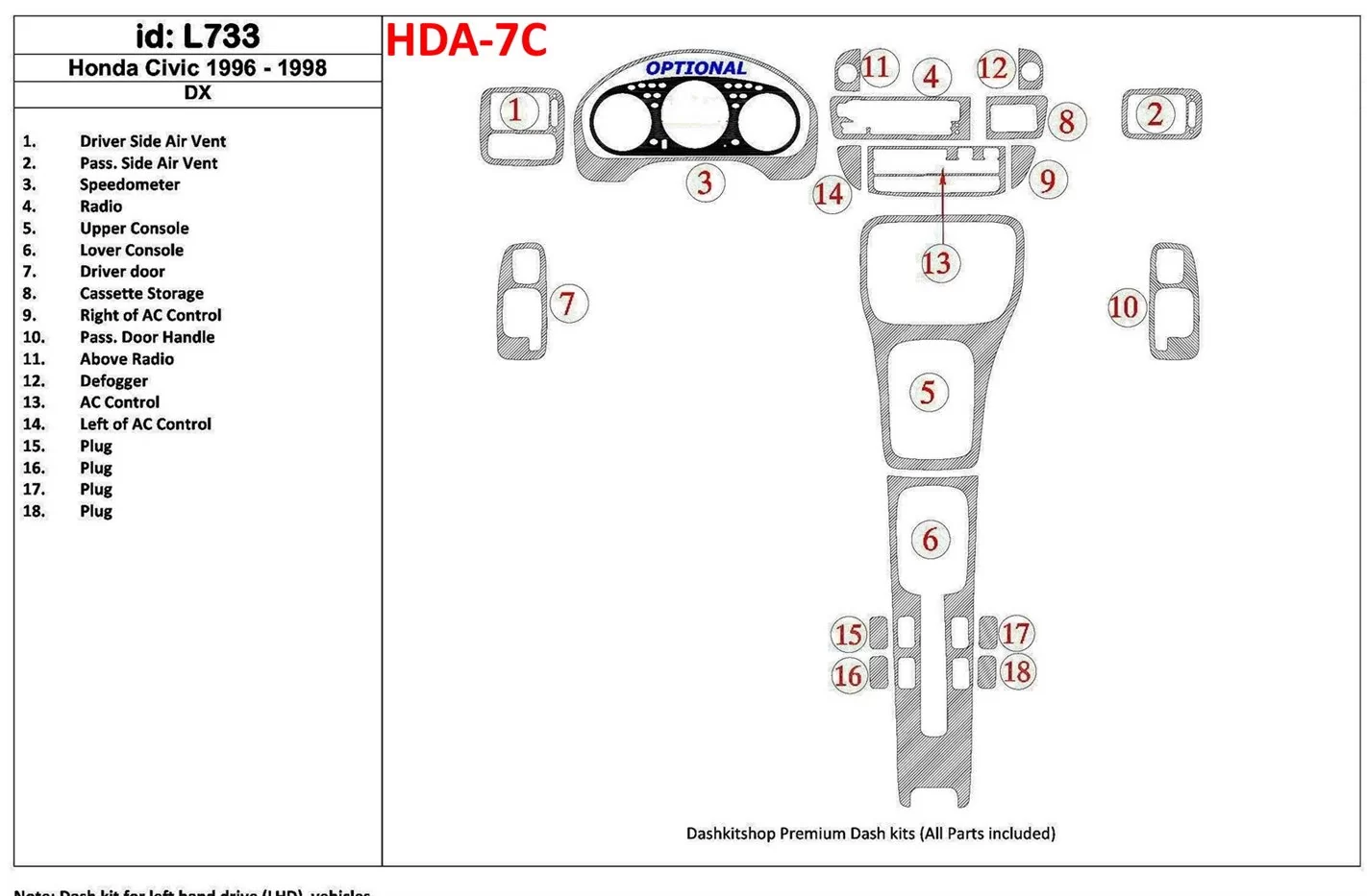 Honda Civic 1996-1998 DX, 18 Parts set BD innenausstattung armaturendekor cockpit dekor - 1- Cockpit Dekor Innenraum