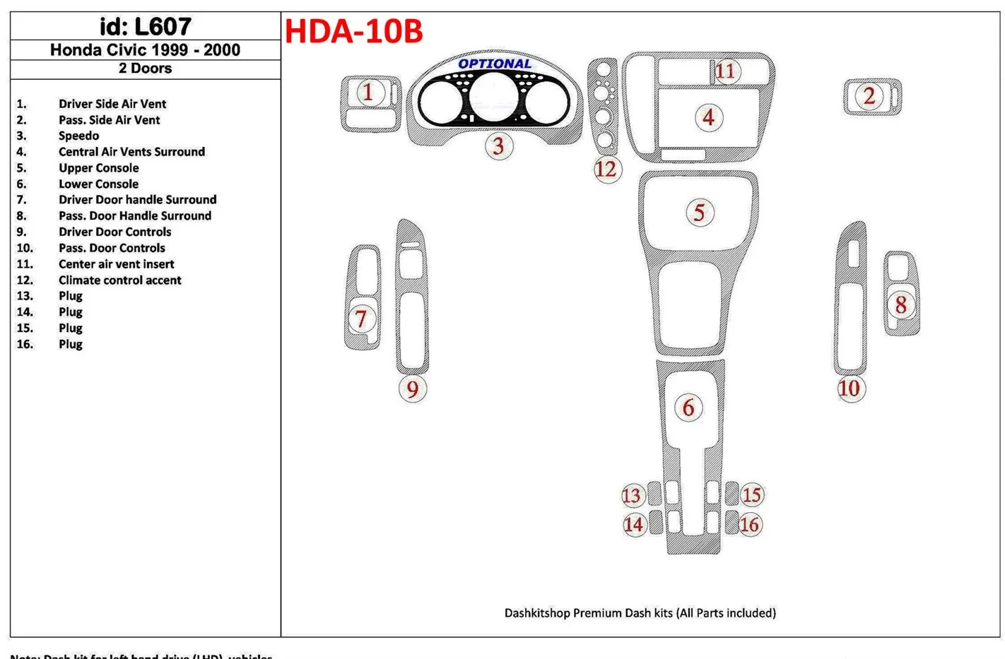 Honda Civic 1999-2000 2 Doors 16 Parts set BD innenausstattung armaturendekor cockpit dekor