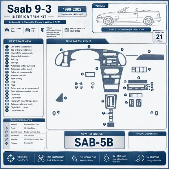 Saab 9-3 1999-2002 3D Cockpit Dekor Interieurleisten Set 21-teilig