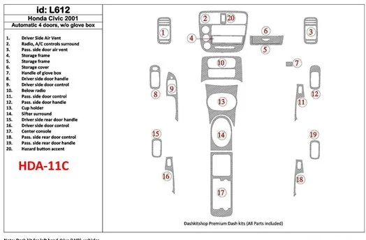 Honda Civic 2001-2001 Automatic Gearbox, 4 Doors, Without glowe-box, 20 Parts set BD innenausstattung armaturendekor cockpit dek Honda Civic 2001-2001 Automatic Gearbox, 4 Doors, Without glowe-box, 20 Parts set BD innenausstattung armaturendekor cockpit dek