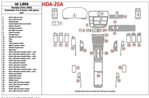 Honda Civic 2002-2002 Automatic Gearbox, 2 or 4 Doors, with glowe-box, 35 Parts set BD innenausstattung armaturendekor cockpit d Honda Civic 2002-2002 Automatic Gearbox, 2 or 4 Doors, with glowe-box, 35 Parts set BD innenausstattung armaturendekor cockpit d