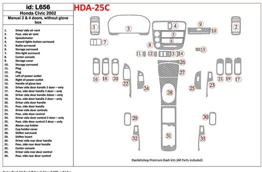 Honda Civic 2002-2002 Manual Gearbox, 2 or 4 Doors, Without glowe-box, 34 Parts set BD innenausstattung armaturendekor cockpit d Honda Civic 2002-2002 Manual Gearbox, 2 or 4 Doors, Without glowe-box, 34 Parts set BD innenausstattung armaturendekor cockpit d
