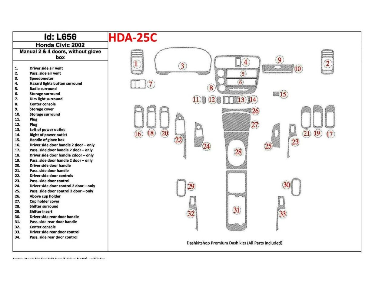 Honda Civic 2002-2002 Manual Gearbox, 2 or 4 Doors, Without glowe-box, 34 Parts set BD innenausstattung armaturendekor cockpit d