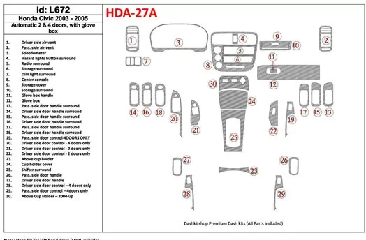 Honda Civic 2003-2005 Automatic Gear, 2 or 4 Doors, with glowe-box BD innenausstattung armaturendekor cockpit dekor - 1- Cockpit Honda Civic 2003-2005 Automatic Gear, 2 or 4 Doors, with glowe-box BD innenausstattung armaturendekor cockpit dekor - 1- Cockpit