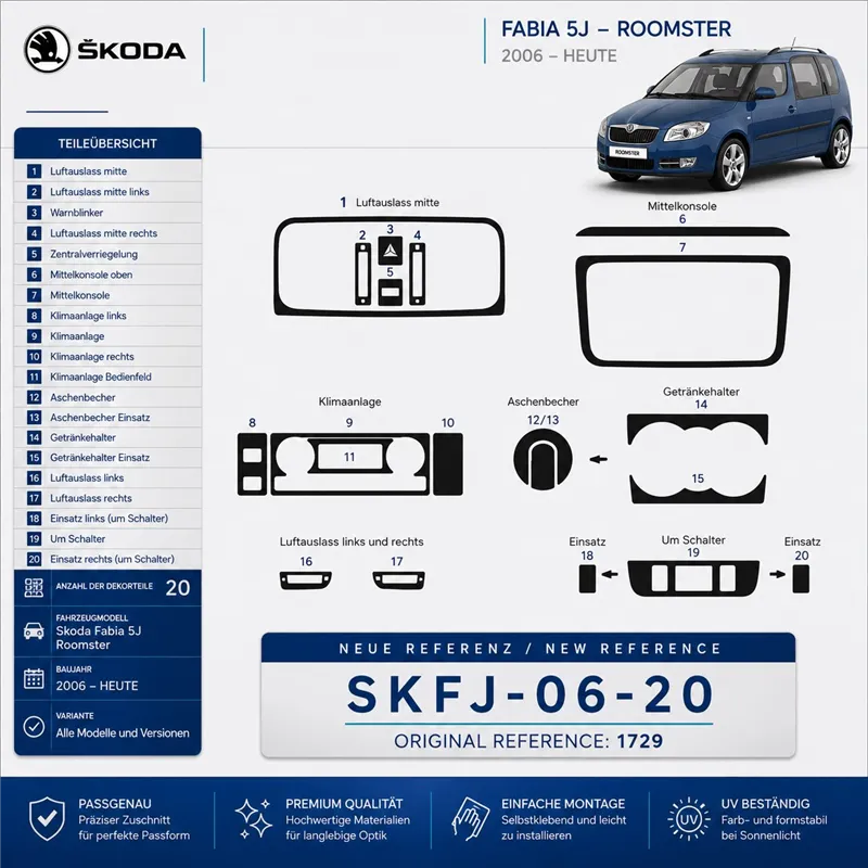 Skoda Fabia 5J Roomster 2006-heute 3D Cockpit Dekor Interieurleisten Set 20-teilig