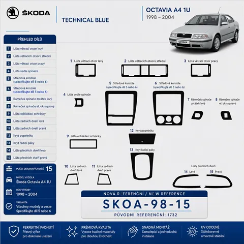 Skoda Octavia A4 1U 1998-2004 3D Cockpit Dekor Interieurleisten Set 15-teilig 2