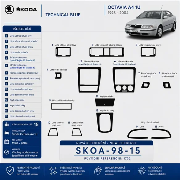 Skoda Octavia A4 1U 1998-2004 3D Cockpit Dekor Interieurleisten Set 15-teilig