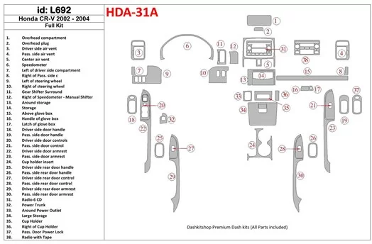 Honda CR-V 2002-2004 Voll Satz, 30 Parts set BD innenausstattung armaturendekor cockpit dekor - 1- Cockpit Dekor Innenraum