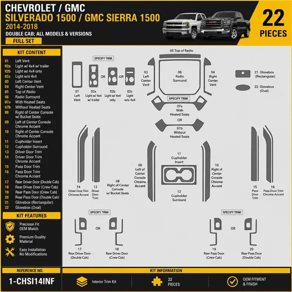 Chevrolet Silverado 1500 Double Cab 2014-2018 3D Cockpit Dekor Interieurleisten Set 22-teilig
