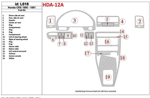 Honda CRX 1990-1991 Voll Satz, 19 Parts set BD innenausstattung armaturendekor cockpit dekor - 1- Cockpit Dekor Innenraum