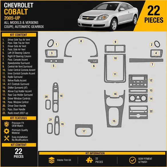 Chevrolet Cobalt 2005-heute 3D Cockpit Dekor Interieurleisten Set As shown in product diagram-teilig