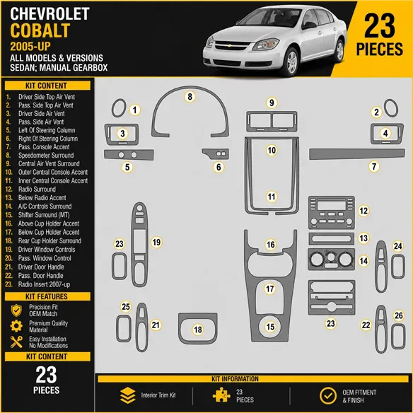 Chevrolet Cobalt 2005-heute 3D Cockpit Dekor Interieurleisten Set As shown in product diagram-teilig