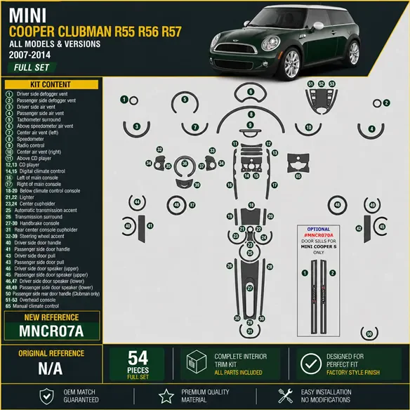 Mini Cooper Clubman R55 R56 R57 2007-2014 3D Cockpit Dekor Interieurleisten Set 57-teilig