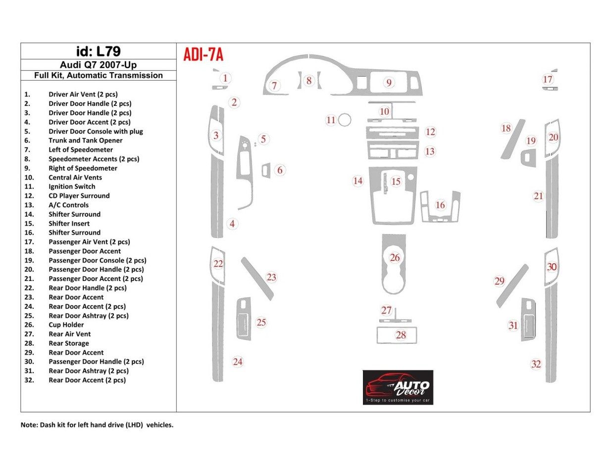 Audi Q7 2007-UP Voll Satz, Automatic Gear, Aluminum OEM BD innenausstattung armaturendekor cockpit dekor - 1- Cockpit Dekor Inne