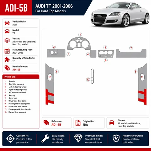 Audi TT 2001-2006 Softtop Coupé 3D Armaturenbrett-Dekor-Set, 12 Teile 2