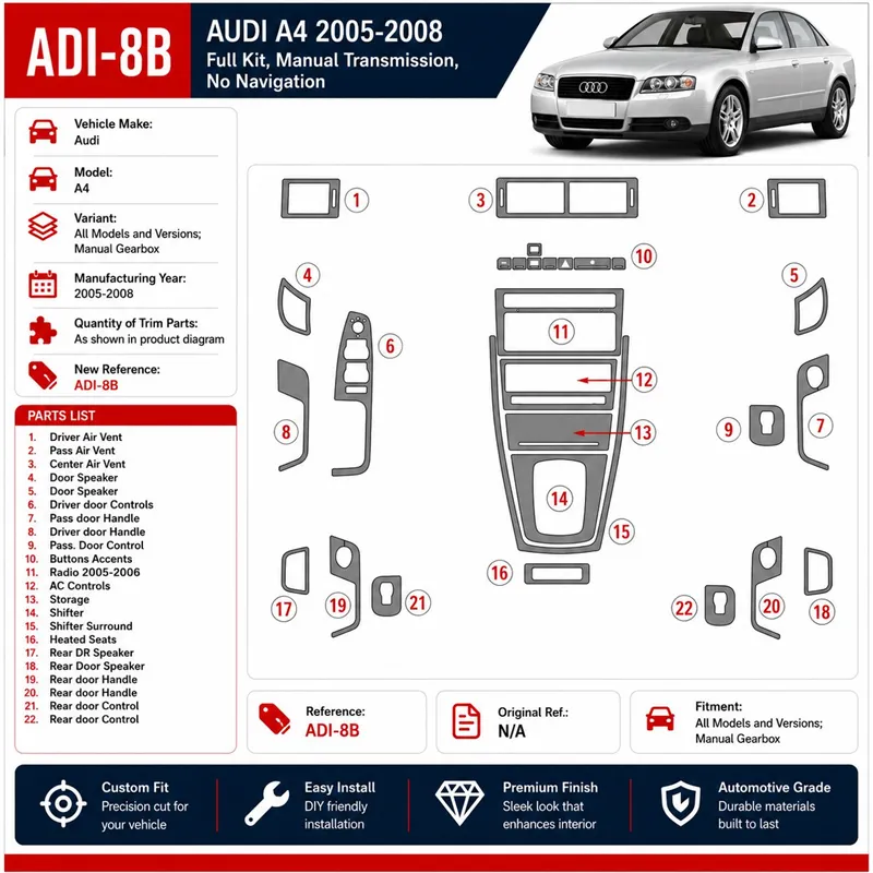 Audi A4 2005-2008 3D Cockpit Dekor Interieurleisten Set As shown in product diagram-teilig