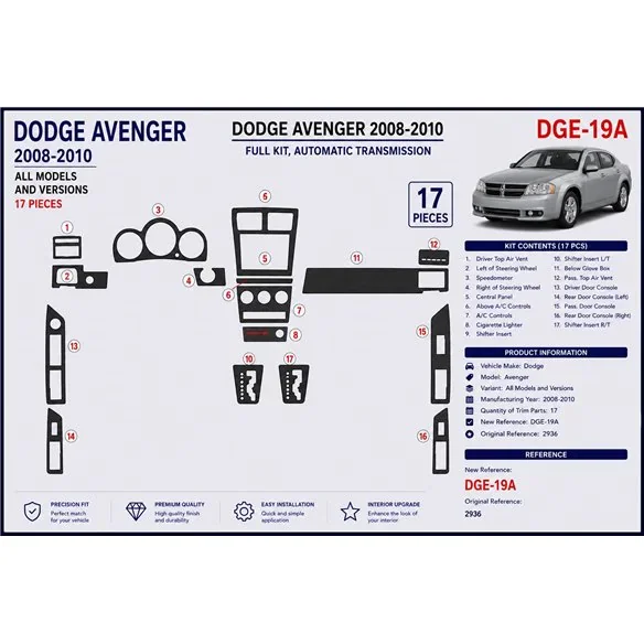 Dodge Avenger 2008-2010 3D Armaturenbrett-Dekor-Set, 17 Teile