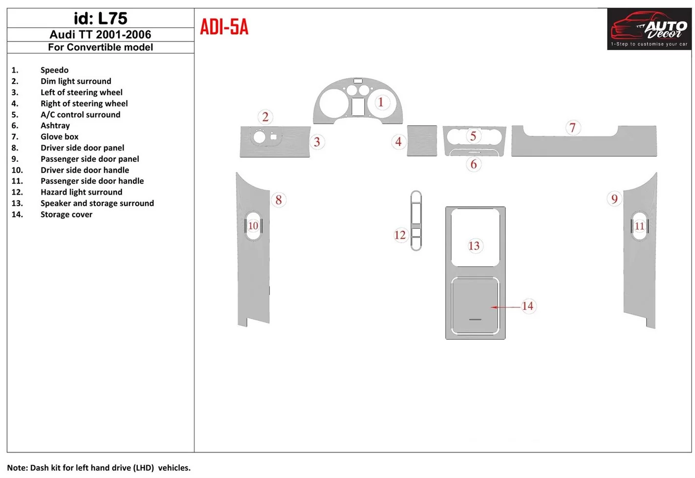 Audi TT 2001-2006 Folding roof-Cabrio, 14 Parts set BD innenausstattung armaturendekor cockpit dekor - 1- Cockpit Dekor Innenrau