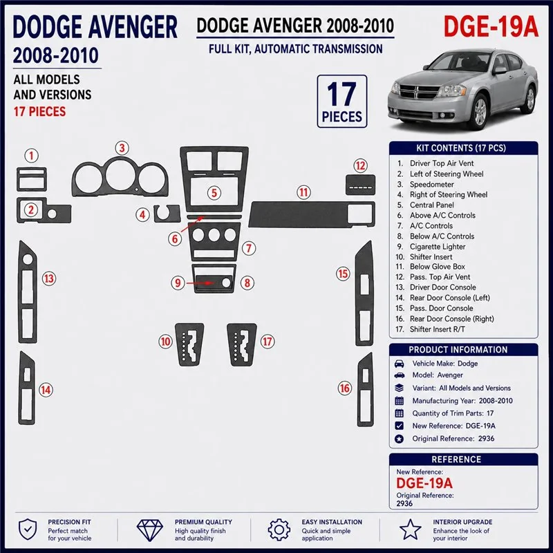 Dodge Avenger 2008-2010 3D Armaturenbrett-Dekor-Set, 17 Teile