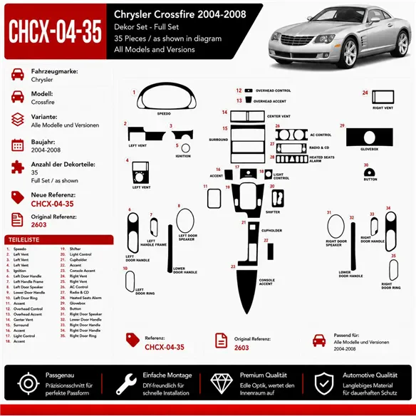 Chrysler Crossfire 2004-2008 3D Cockpit Dekor Interieurleisten Set 35-teilig