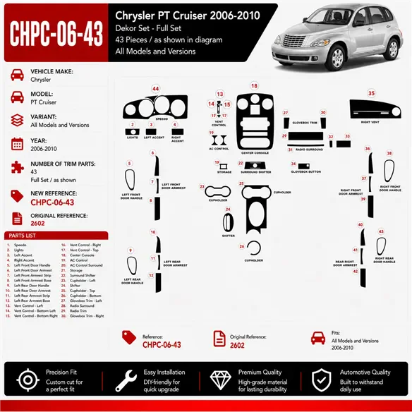 Chrysler PT Cruiser 2006-2010 3D Cockpit Dekor Interieurleisten Set 43-teilig