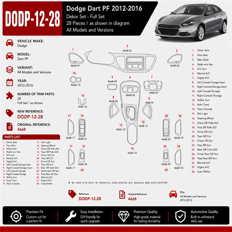 Dodge Dart PF 2012-2016 3D Cockpit Dekor Interieurleisten Set 28-teilig