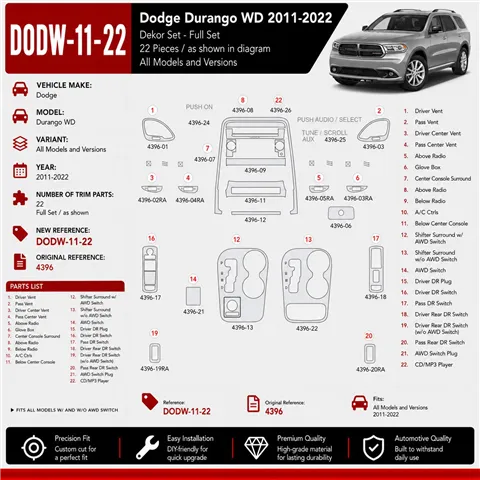 Dodge Durango WD 2011-2022 3D Cockpit Dekor Interieurleisten Set 22-teilig