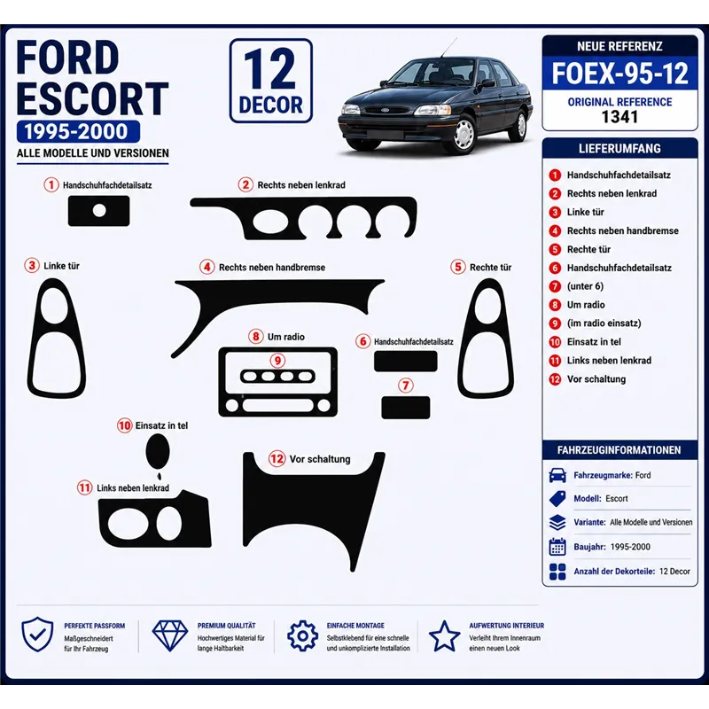 Ford Escort 1995-2000 3D Cockpit Dekor Interieurleisten Set 12-teilig