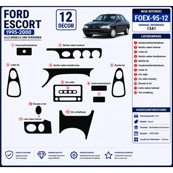 Ford Escort 1995-2000 3D Cockpit Dekor Interieurleisten Set 12-teilig