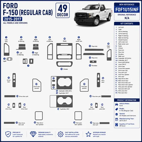 Ford F-150 (REGULAR CAB) | 2015-2017 3D Cockpit Dekor Interieurleisten Set 49-teilig