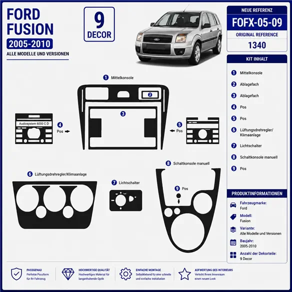 Ford Fusion 2005-2010 3D Cockpit Dekor Interieurleisten Set 9-teilig