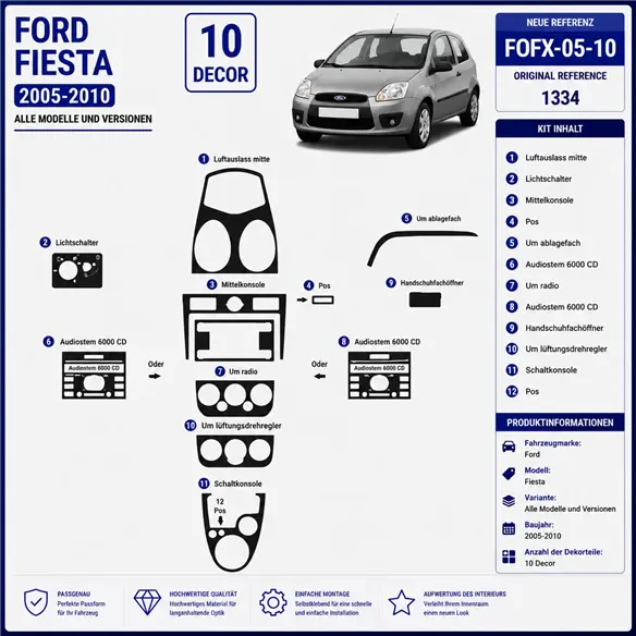 Ford Fiesta 2005-2010 3D Cockpit Dekor Interieurleisten Set 10-teilig