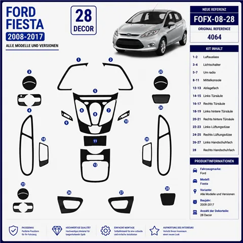 Ford Fiesta 2008-2017 3D Cockpit Dekor Interieurleisten Set 28-teilig