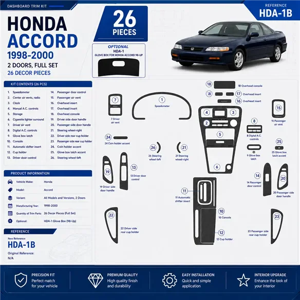 Honda Accord 1998-2000 3D Cockpit Dekor Interieurleisten Set 26-teilig