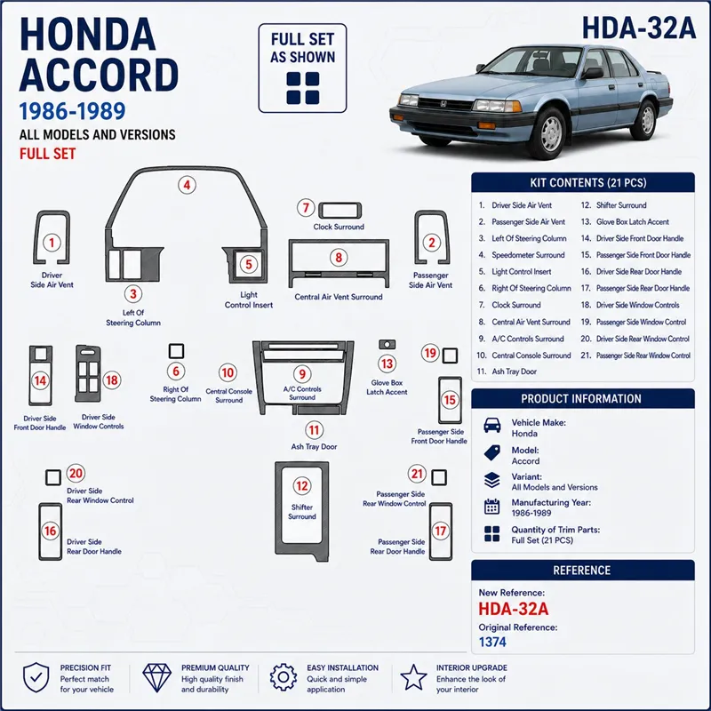 Honda Accord 1986-1989 3D Cockpit Dekor Interieurleisten Set Full Set / as shown in product diagram-teilig