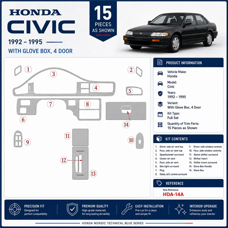 Honda Civic 1992-1995 3D Cockpit Dekor Interieurleisten Set As shown in product diagram-teilig