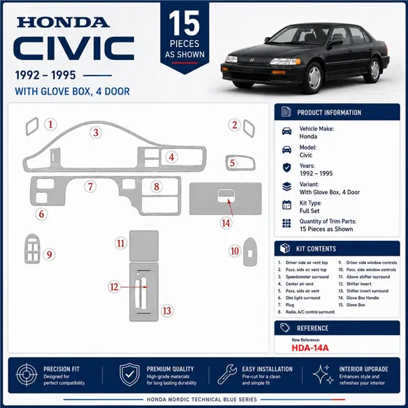 Honda Civic 1992-1995 3D Cockpit Dekor Interieurleisten Set As shown in product diagram-teilig