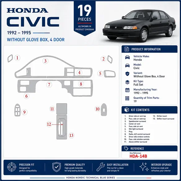 Honda Civic 1992-1995 3D Cockpit Dekor Interieurleisten Set As shown in product diagram-teilig