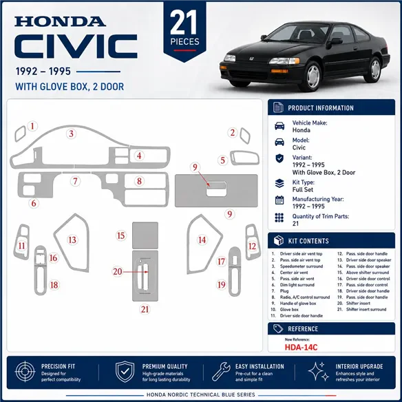 Honda Civic 1992-1995 3D Cockpit Dekor Interieurleisten Set As shown in product diagram-teilig