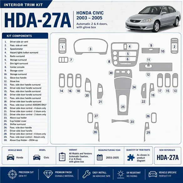 Honda Civic 2003-2005 3D Cockpit Dekor Interieurleisten Set As shown in product diagram-teilig